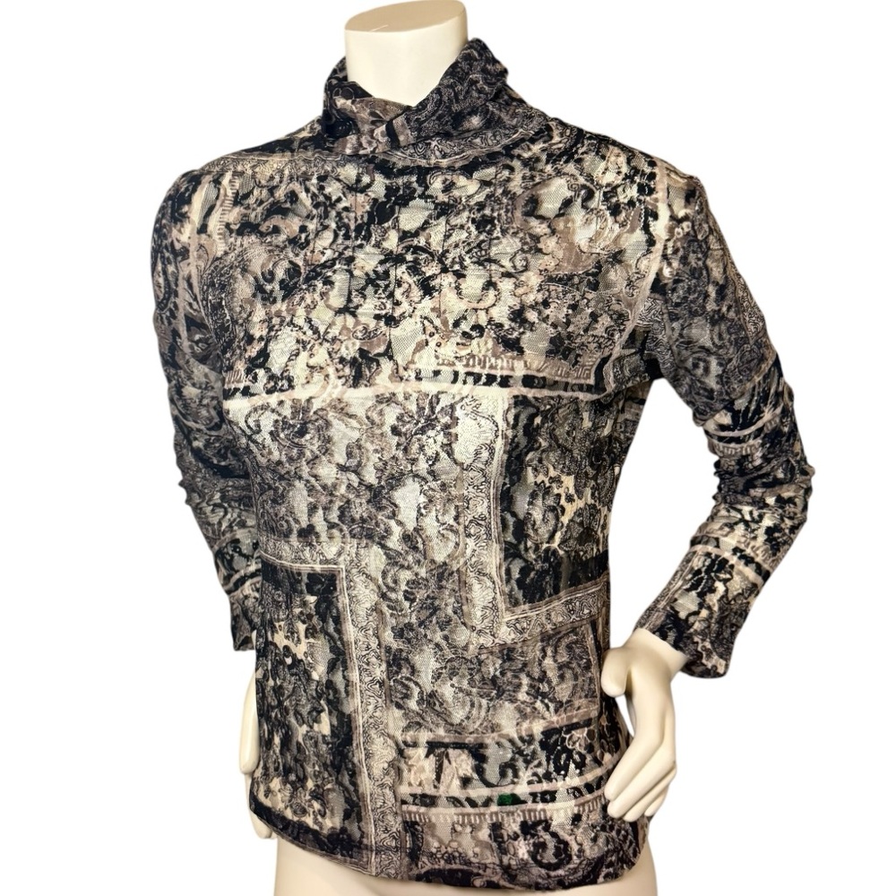 São Paulo Sheer Mesh Long Sleeve Turtleneck Print Blouse Black Cream Size 10 US - Picture 3 of 8